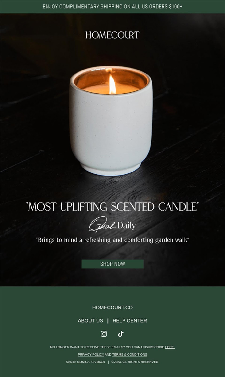 An email from Homecourt featuring a minimalistic image of a lone-scented candle to promote it